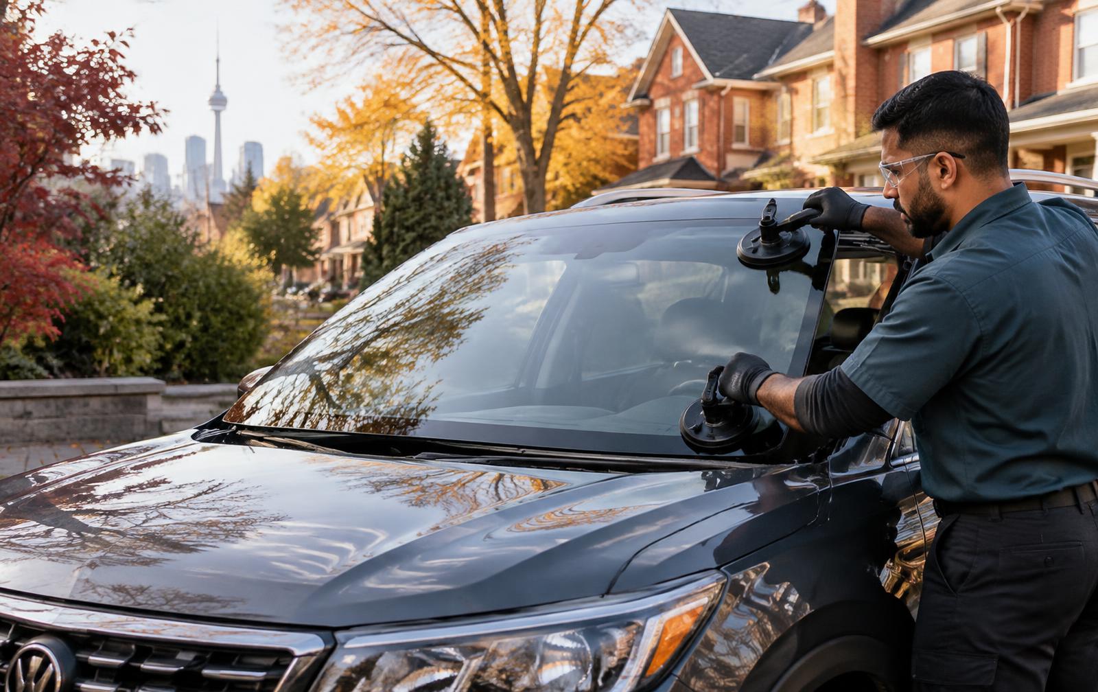 Mobile technician installing a new windshield on an SUV in a Toronto driveway
